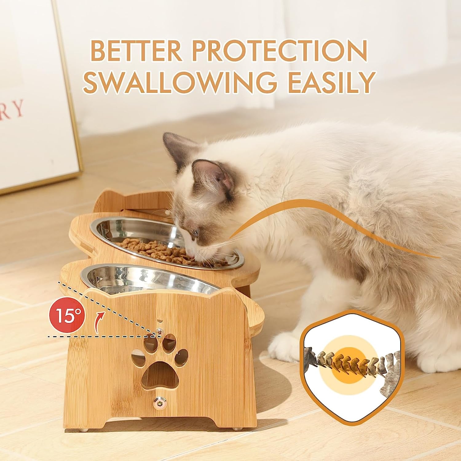 Adjustable Bamboo Raised Pet Bowls with Stainless Steel Bowls and Anti-Slip Feet