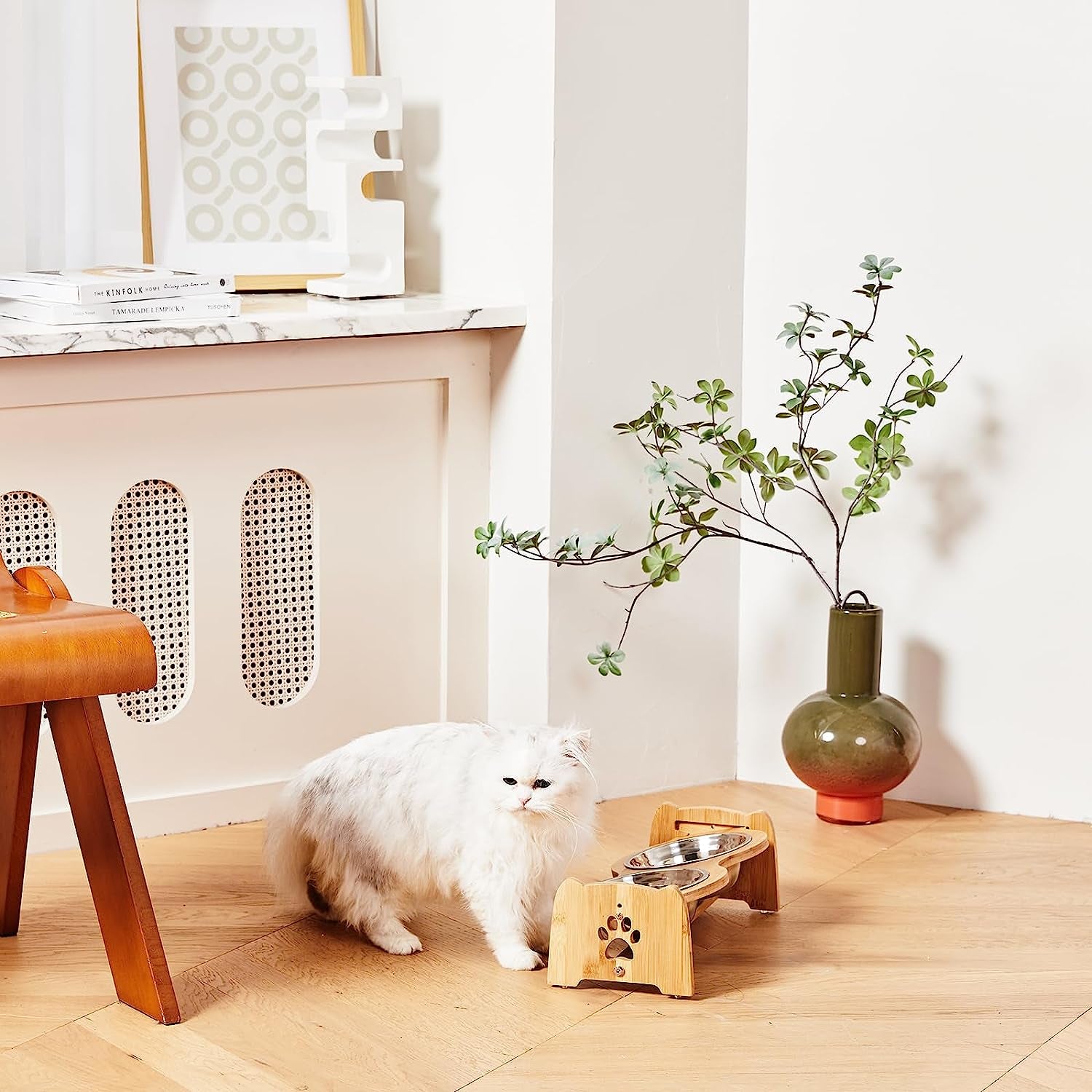 Adjustable Bamboo Raised Pet Bowls with Stainless Steel Bowls and Anti-Slip Feet