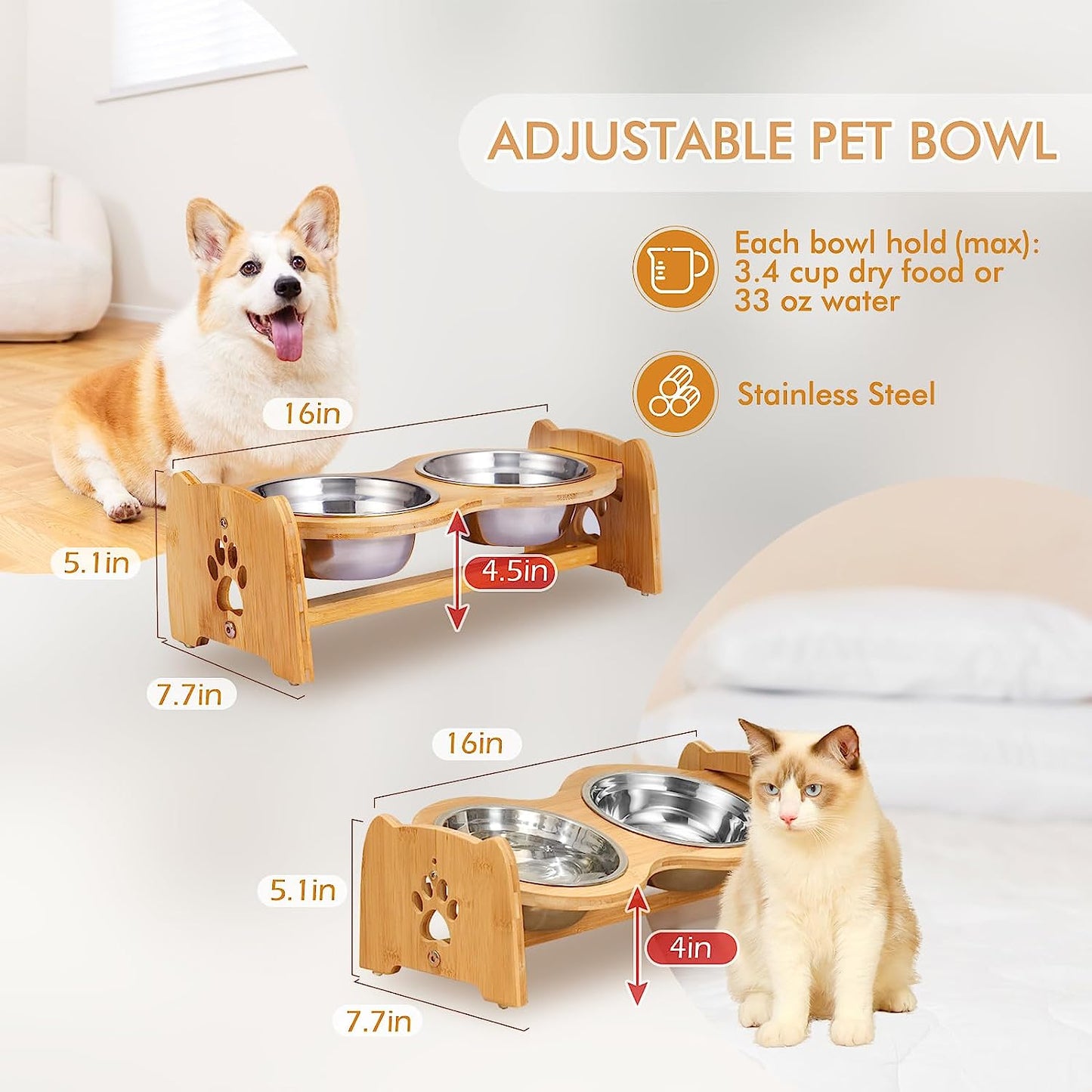 Adjustable Bamboo Raised Pet Bowls with Stainless Steel Bowls and Anti-Slip Feet