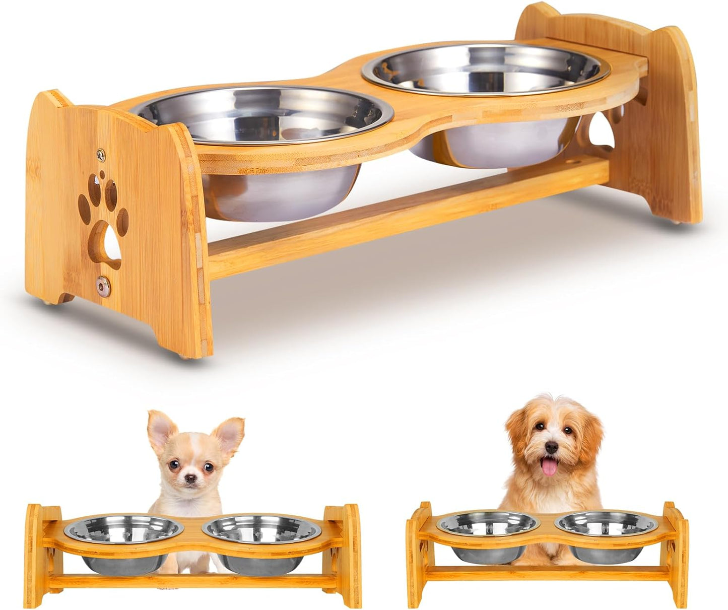 Adjustable Bamboo Raised Pet Bowls with Stainless Steel Bowls and Anti-Slip Feet